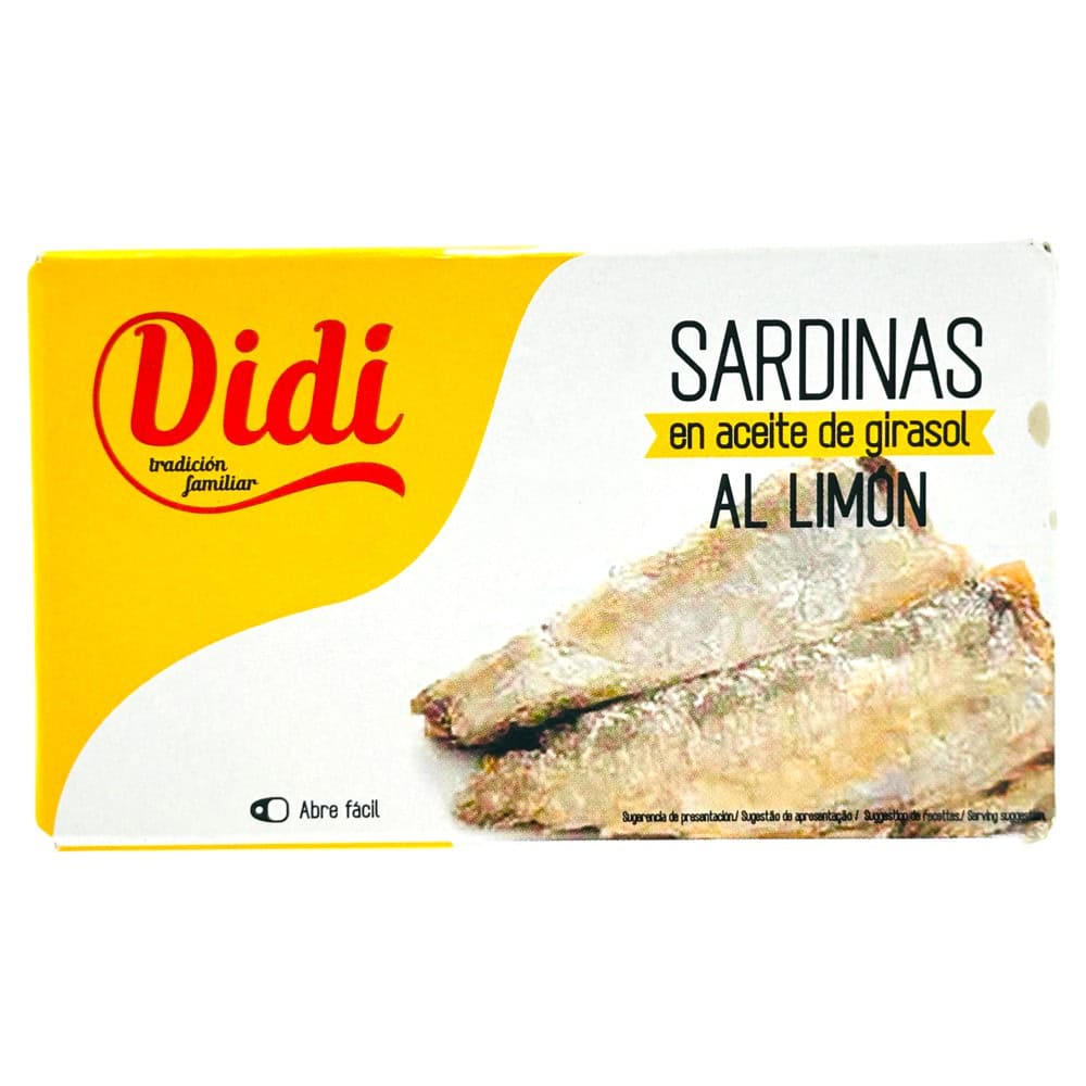 Didi Sardinen in Sonnenblumenöl mit Zitrone, 90 g, auf weißem Hintergrund.