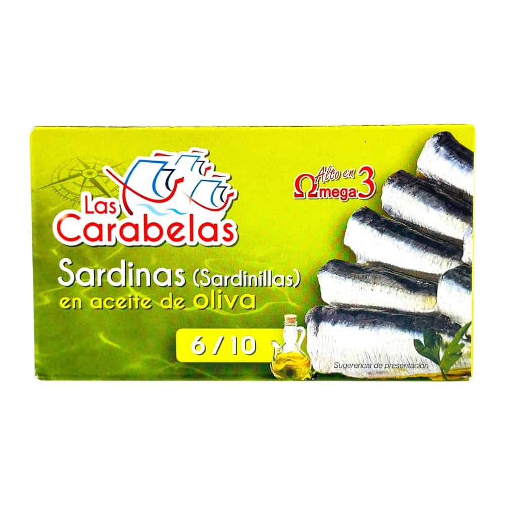 Marini Sardinen in Olivenöl, 65g, mit Sardinen in Dosen, auf grüner Verpackung mit Schiff-Logo.