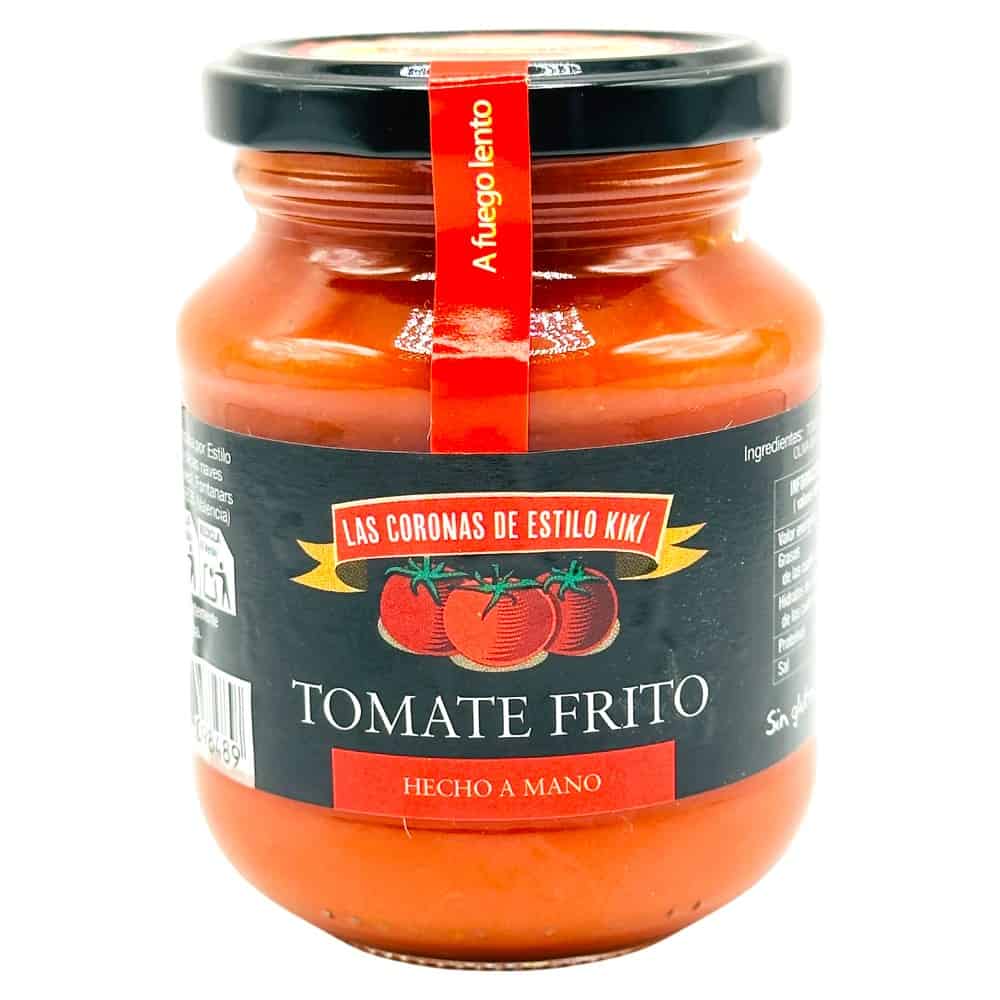 Spanische hausgemachte gebratene Tomatensauce in Glas, ideal für spanische Gerichte, mareni.com.
