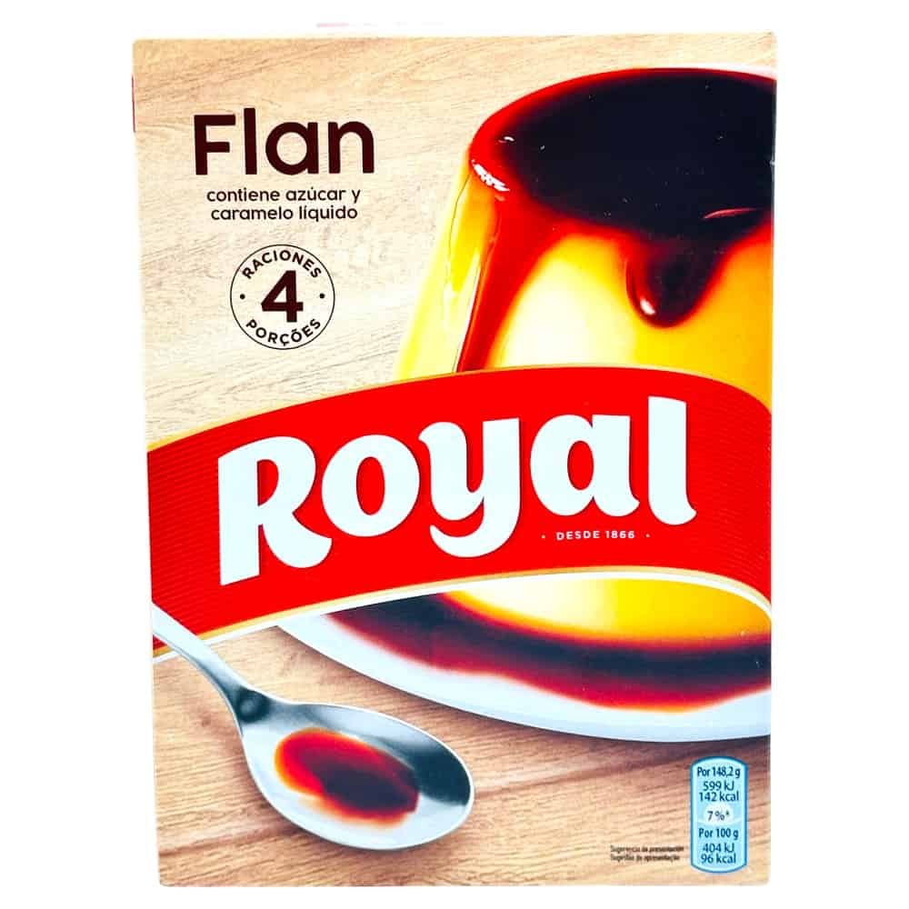 Royal Flan-Dessertpulver mit Karamell, 93 g, für 4 Portionen, mit Bild von Karamellflan und Löffel.