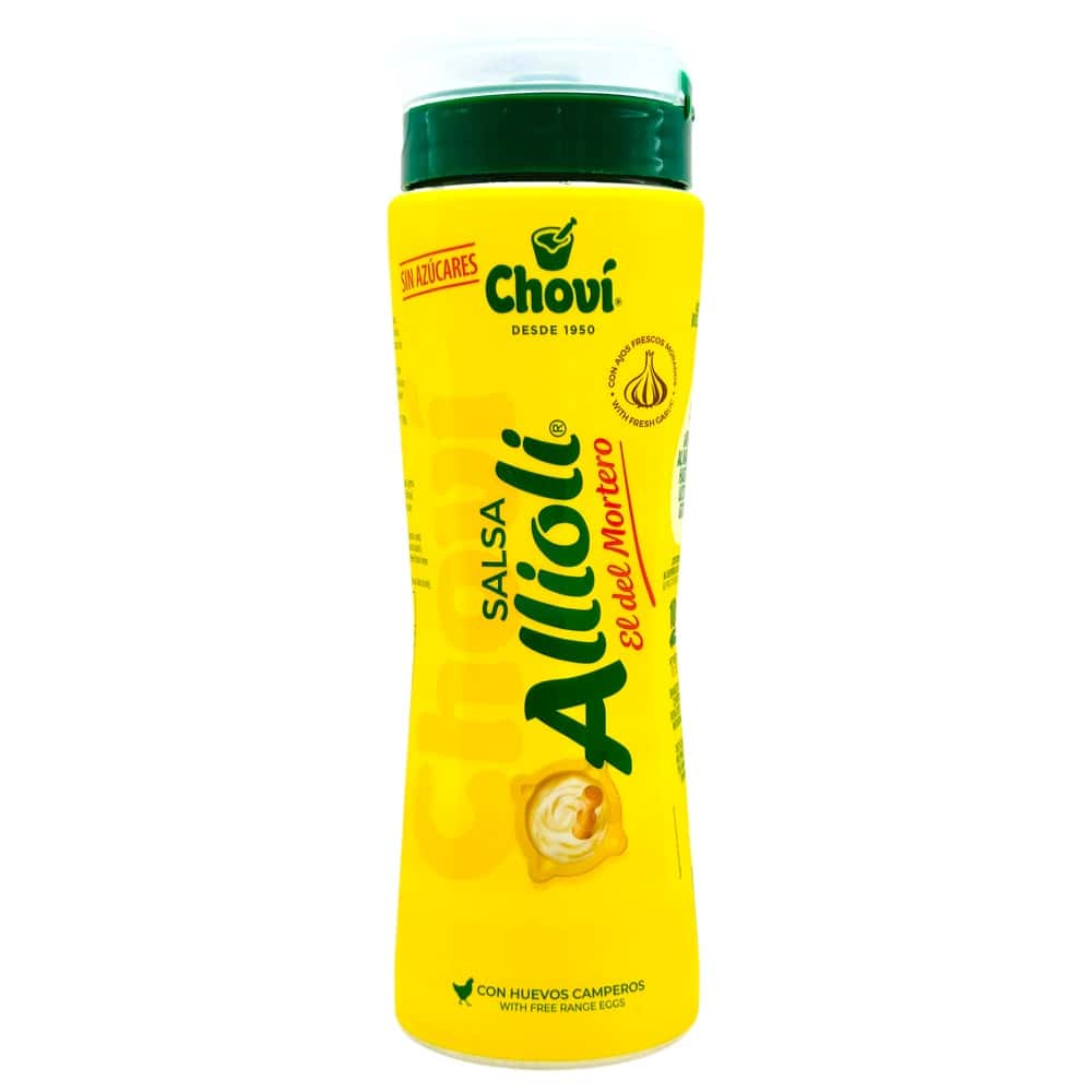 Chovi Allioli Knoblauchcreme mit frischen Zutaten in gelber Flasche mit grünem Deckel.
