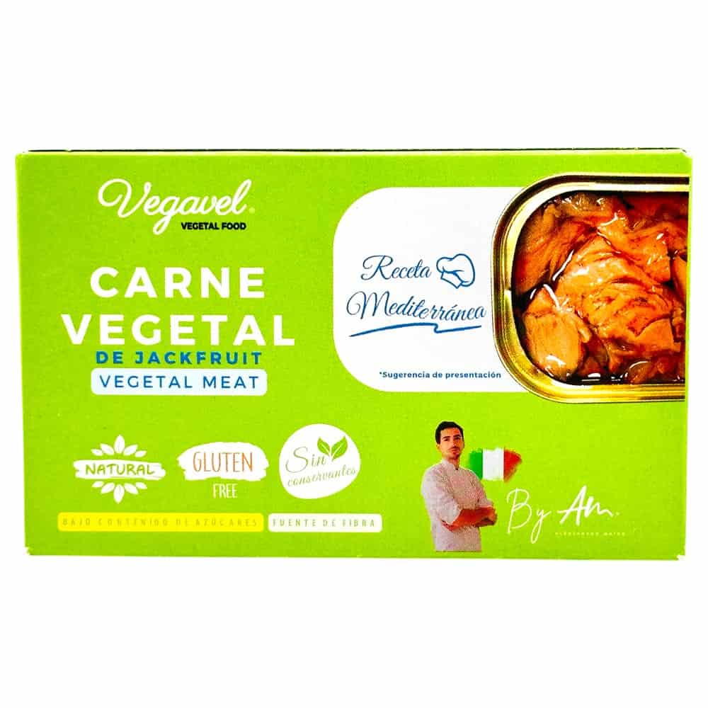Vegavel Jackfruit Fleisch-Alternative in grüner Verpackung, mediterranes Rezept, glutenfrei, ballaststoffreich, vegan, ohne Konservierungsstoffe.