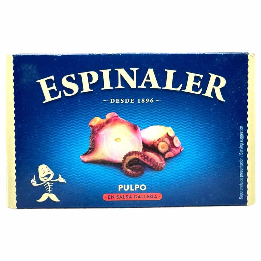 Spanischer Tintenfisch in galicischer Sauce auf Espinaler Verpackung, typisch für spanische Meeresfrüchte.