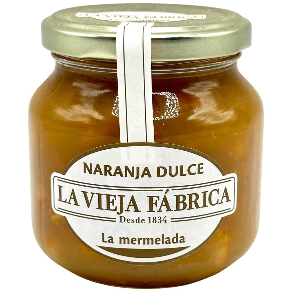 Spanische Orangenmarmelade in Glas mit goldener Dose, La Vieja Fábrica, 280g, süße Naranja Dulce.