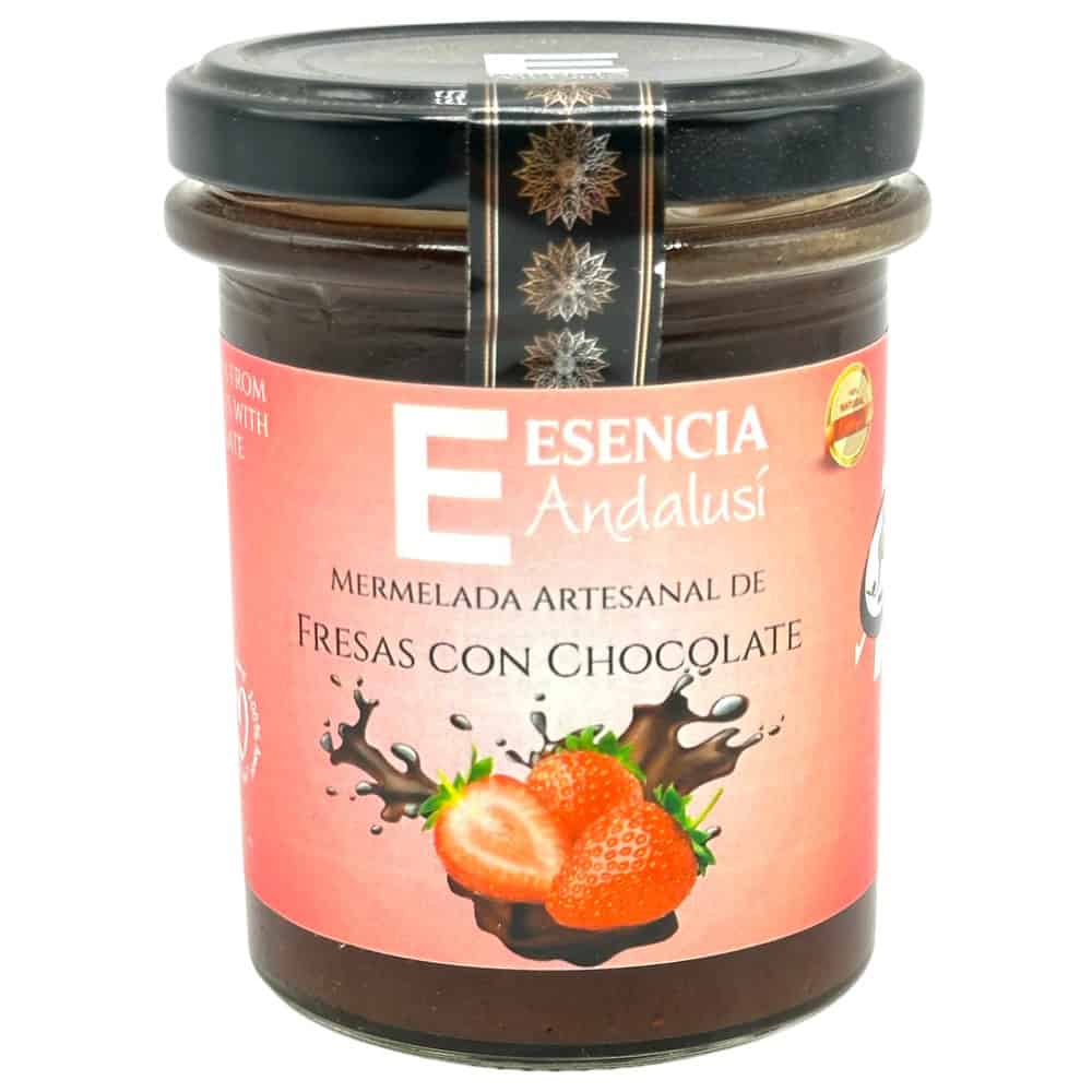Mareni Erdbeer-Schokoladenmarmelade in Glas mit rosa Etikett, handgemacht aus Spanien, 240 g.