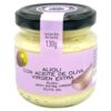 Mareni Alioli mit nativem Olivenöl extra, 130g, in Glasgefäß mit schwarzem Deckel und lila Etikett.