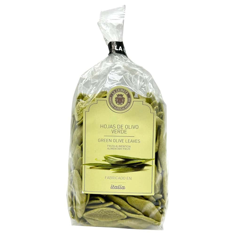Mareni grüne Olivenblätter-Pasta in transparenter Verpackung, italienische Qualität, ideal für mediterrane Gerichte.