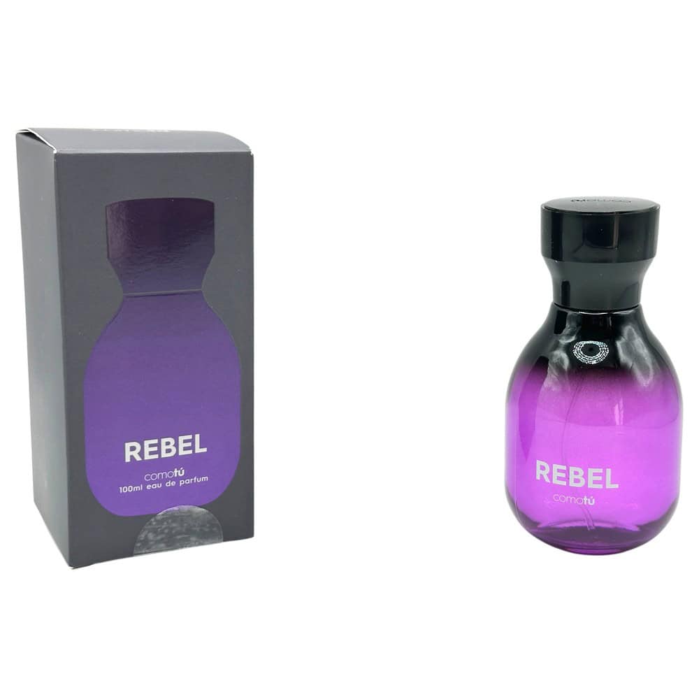 Rebel comotú Eau de Parfum 100 ml Flasche mit schwarzem Deckel und Verpackung, violett gefärbt.