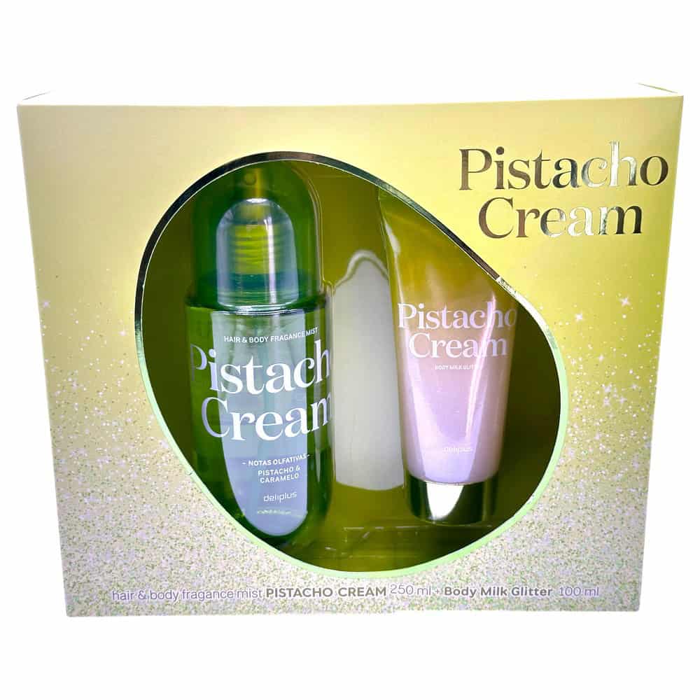 Pistacho Cream Geschenkset mit Duftspray und Body Milk Glitter, ideal für Frauen, aus Spanien, hochwertig verpackt.
