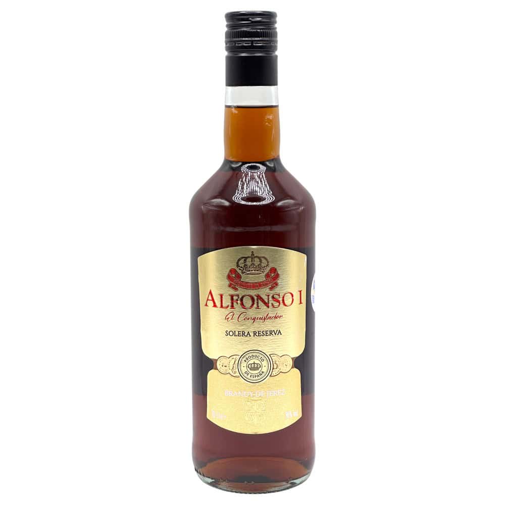 Alfonso I Brandy Solera Reserva Flasche, spanischer Brandy mit goldener Etikette und schwarzem Verschluss.