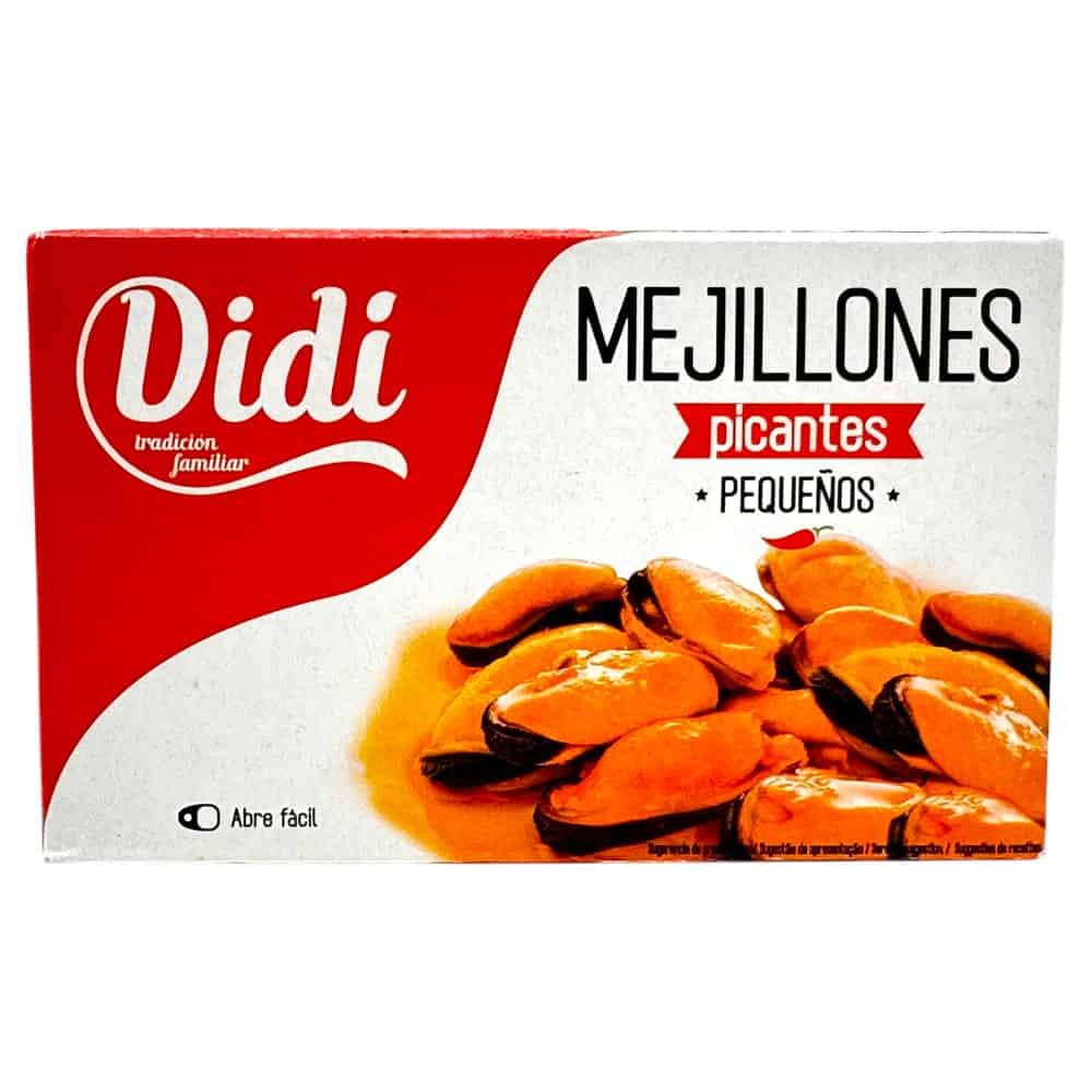 Spanische kleine pikante Miesmuscheln von Didi in einer Packung, ideal für Snacks und Gerichte.