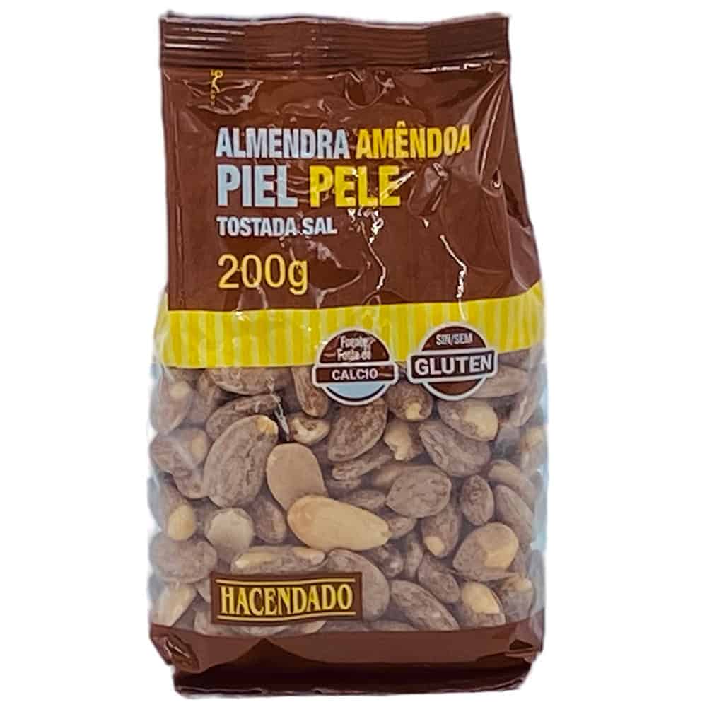 Geröstete Salzmandeln aus Spanien, 200 g, mit glutenfreiem und calciumreichem Label, in brauner Verpackung.