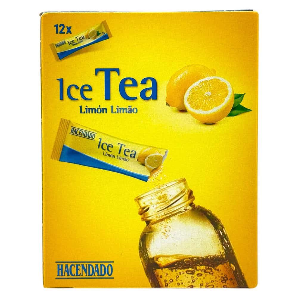 Spanische Zitronentee-Produktverpackung mit Zitronen und Teebeutel, erfrischend und ideal für Sommergetränke.