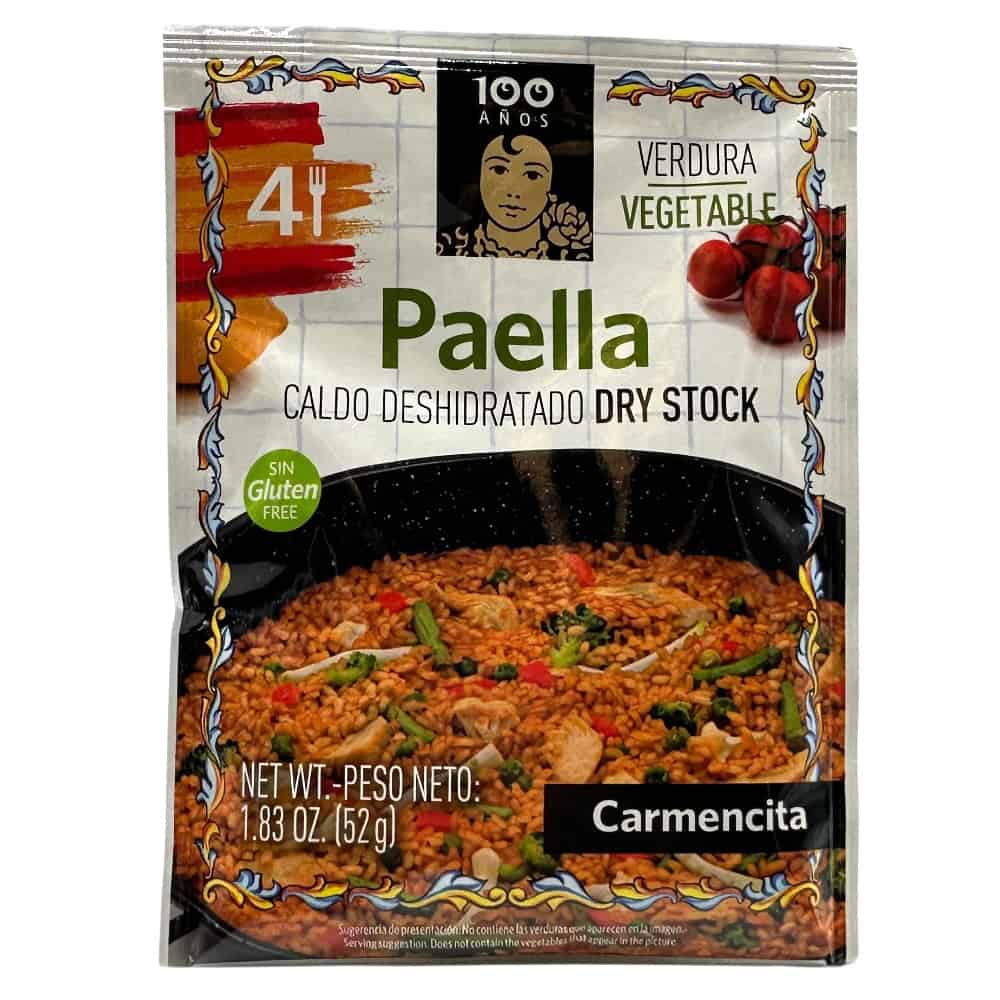 Mareni Trockenbrühe für Gemüsepaella, 52g, glutenfrei, aus Spanien, mit Bild von Gemüse und Paella.