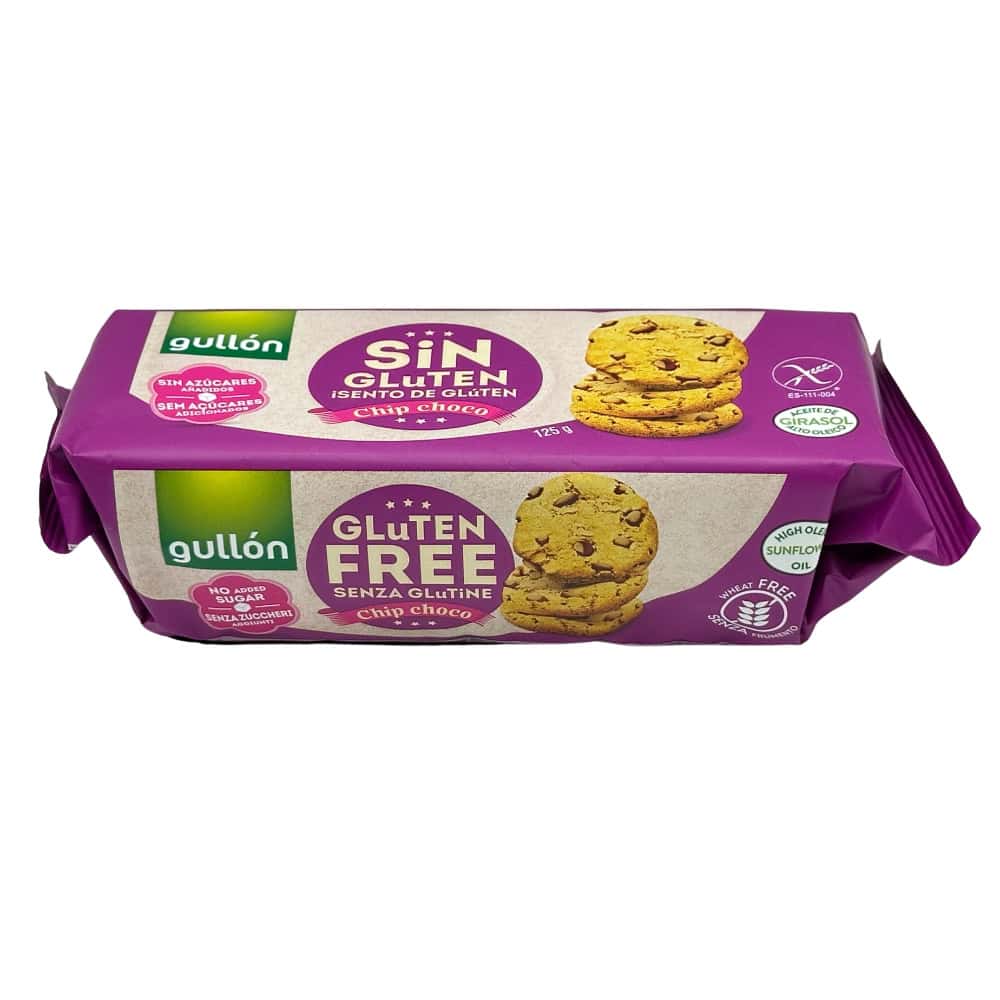 Gullón glutenfreie Schokokekse ohne Zuckerzusatz in Verpackung mit Cookies auf der Vorderseite.