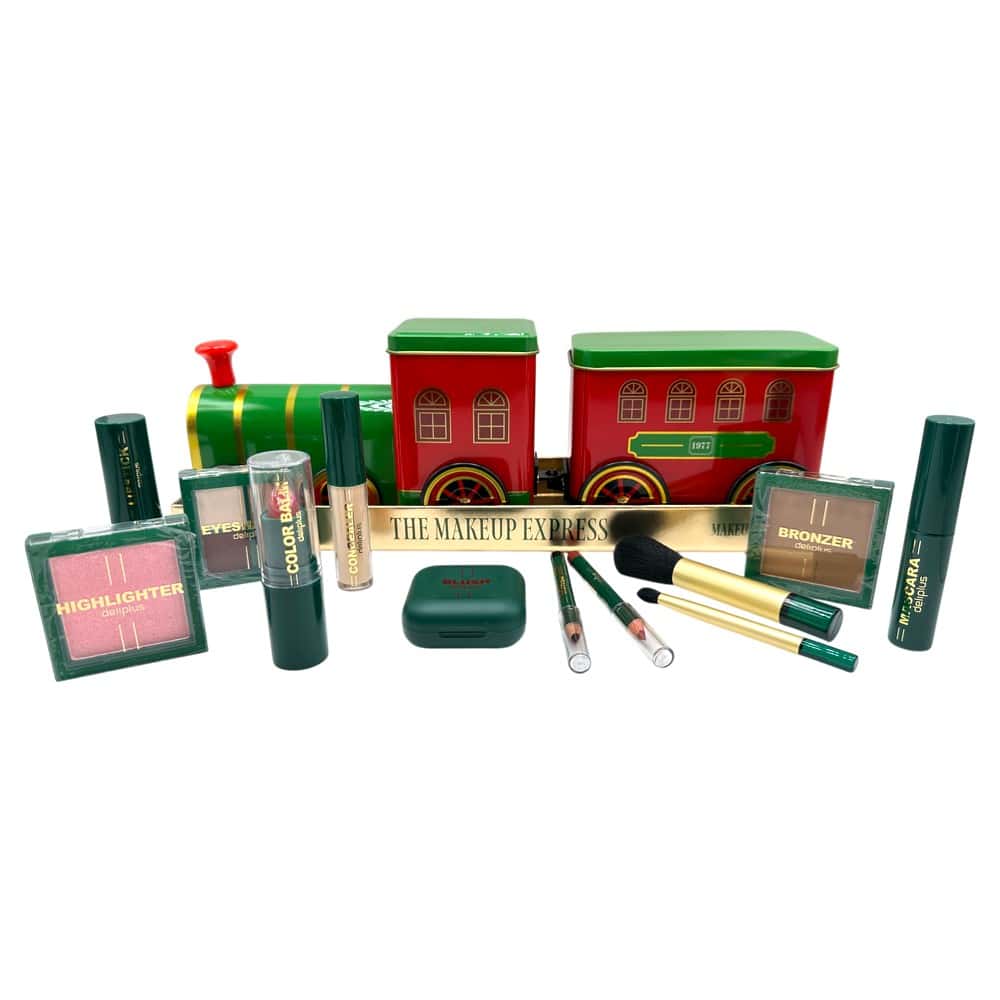 Make-up Geschenkset mit Spielzeugzug und Beauty-Produkten für Kinder, inklusive Pinsel, Lippenstift, Lidschatten und Bronzer.