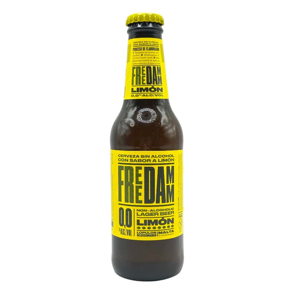 FREDAM alkoholfreies Limobier in brauner Flasche mit gelbem Etikett und Kronkorken.