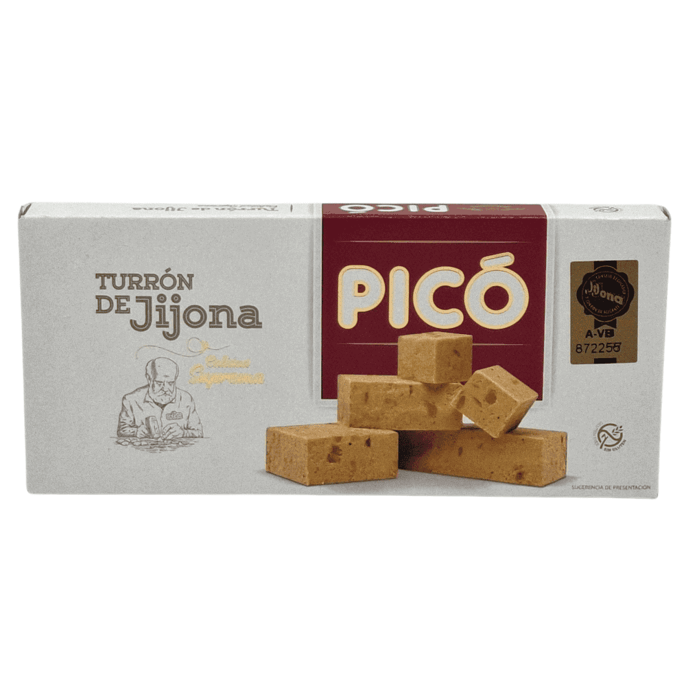 Pico Turrón de Jijona, weiches Mandelnougat aus Spanien, 250 g, in Verpackung mit Logo und Mandeln.