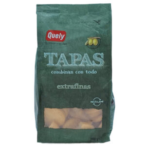 Ausschnitt einer grünen Packung Quely Tapas mit extra dünnen Oliven, spanische Spezialitäten, hochwertige Tapas vom spanischen Hersteller, ideal für spanische Tapasplatten, direkt aus Spanien.